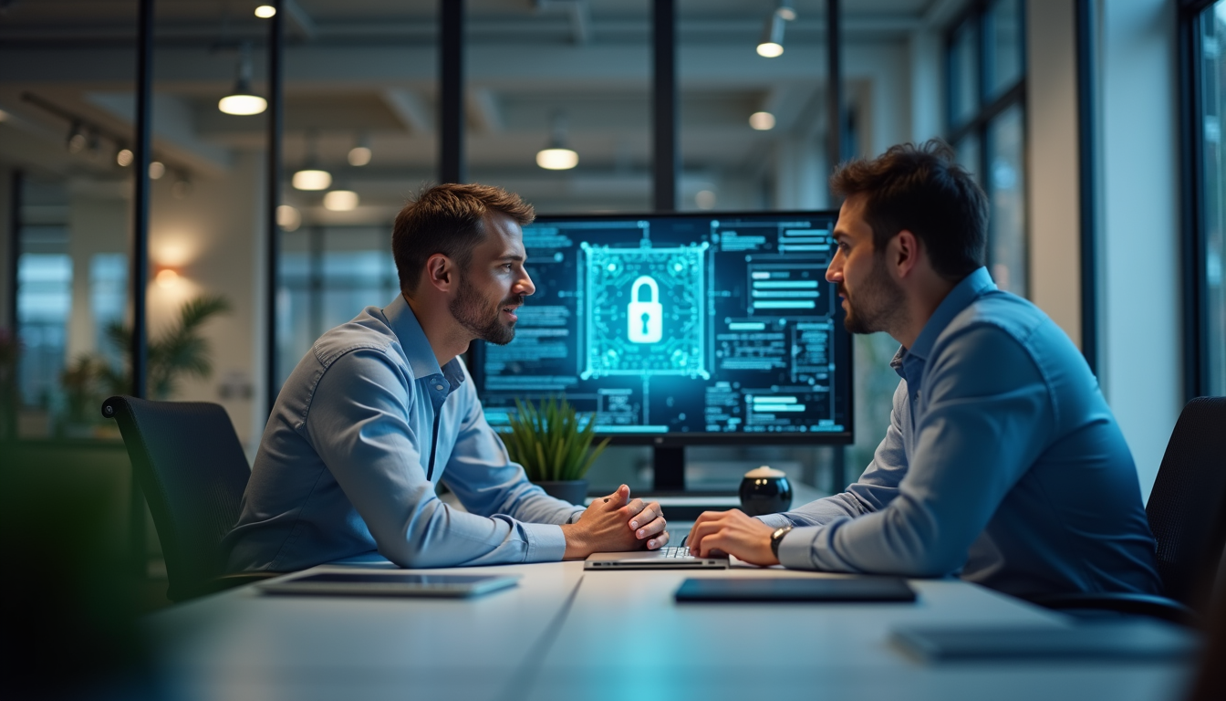 Close-up view of a cybersecurity consultant discussing endpoint security with a business owner in an office